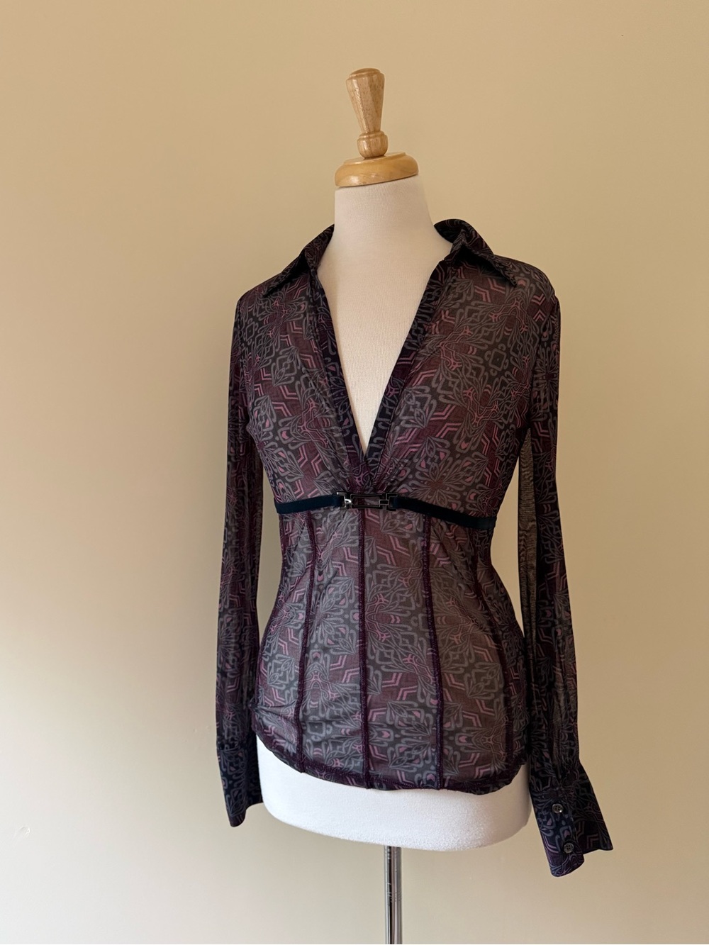 Vintage Y2K Mexx Sheer Mesh Buckle Top Velvet Trim
